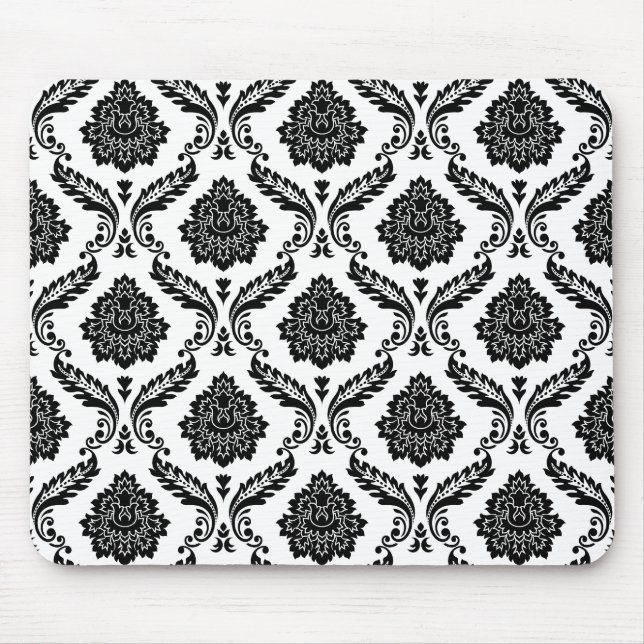 Rococo Damask Pattern Black on White Mouse Mat (Front)