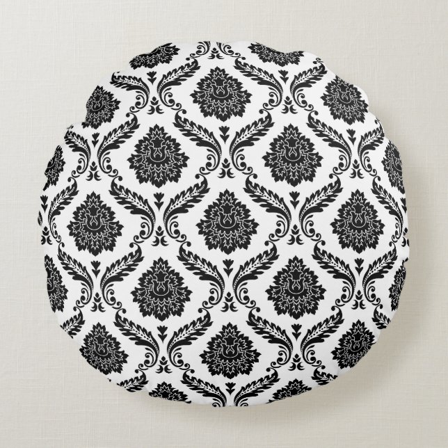 Rococo Damask Pattern Black on White Round Cushion (Front)