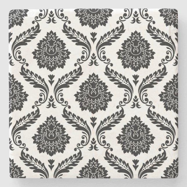 Rococo Damask Pattern Black on White Stone Coaster (Front)