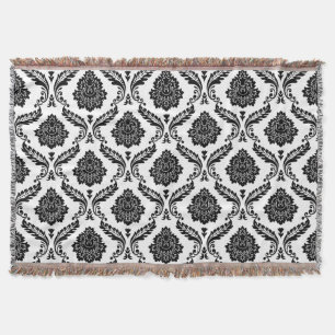 Rococo Damask Pattern Black on White Throw Blanket
