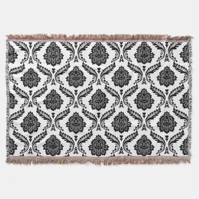Rococo Damask Pattern Black on White Throw Blanket (Front)