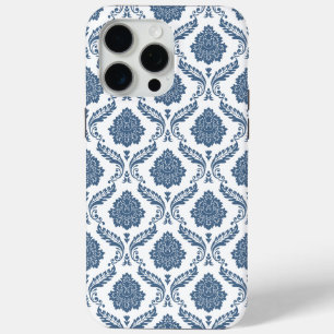 Rococo Damask Pattern Blue on White iPhone 15 Pro Max Case