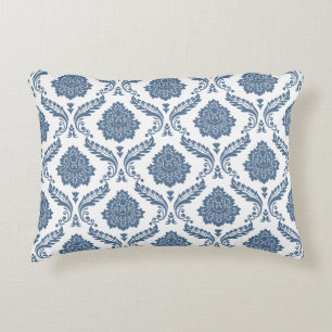 Rococo Damask Pattern Blue on White Decorative Cushion