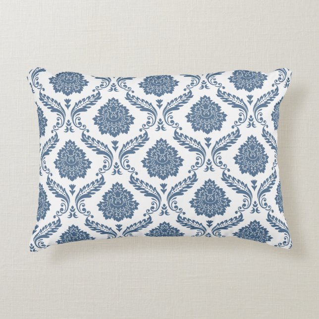 Rococo Damask Pattern Blue on White Decorative Cushion (Front)