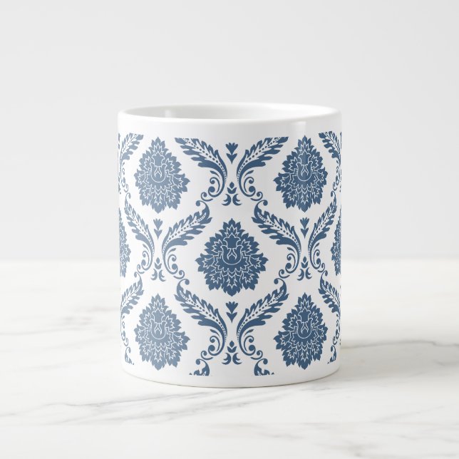 Rococo Damask Pattern Blue on White Large Coffee Mug (Front)