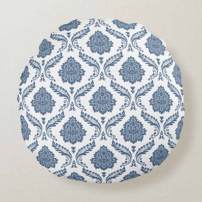 Rococo Damask Pattern Blue on White Round Cushion (Front)