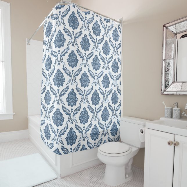 Rococo Damask Pattern Blue on White Shower Curtain (In Situ)