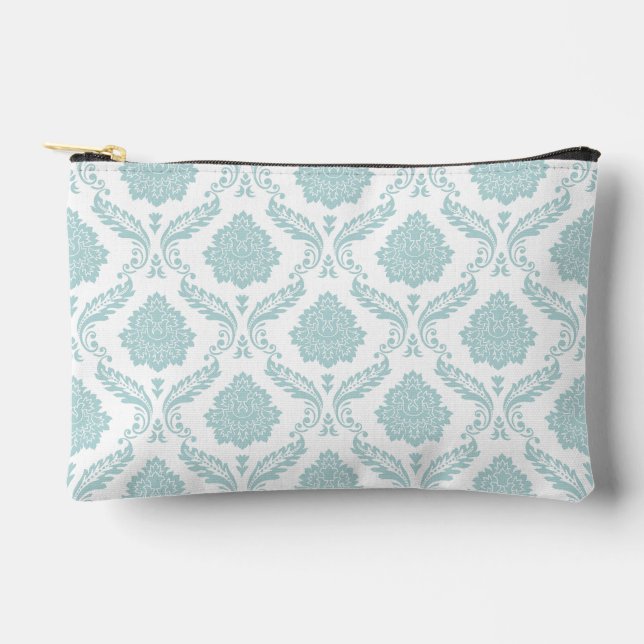 Rococo Damask Pattern Duck Egg Blue on White Accessory Pouch (Front)