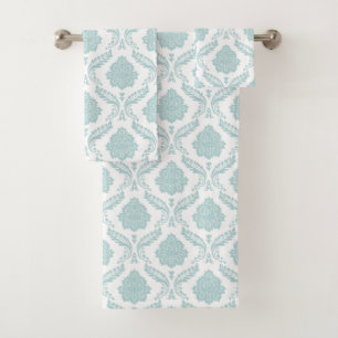 Rococo Damask Pattern Duck Egg Blue on White Bath Towel Set