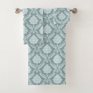 Rococo Damask Pattern Duck Egg Blue+Teal Bath Towel Set