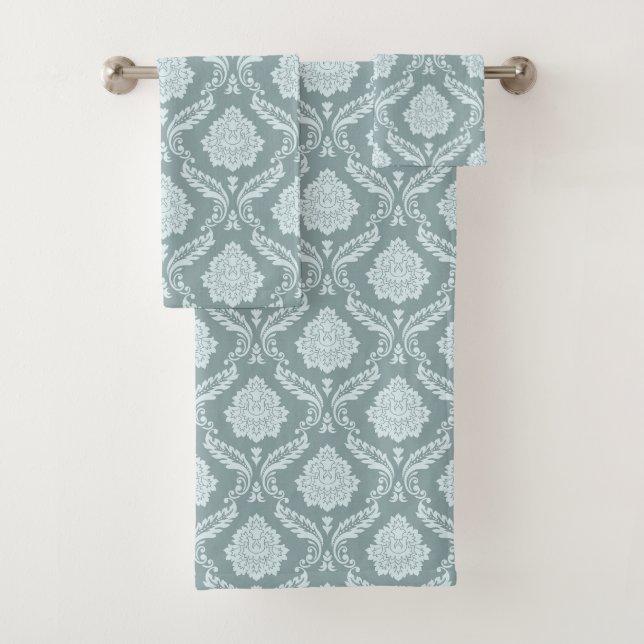 Rococo Damask Pattern Duck Egg Blue+Teal Bath Towel Set (Insitu)