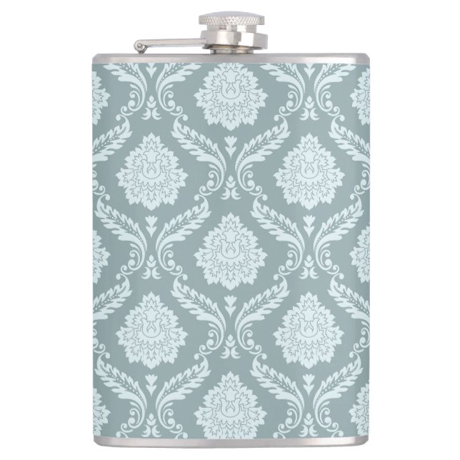 Rococo Damask Pattern Duck Egg Blue+Teal Hip Flask (Front)