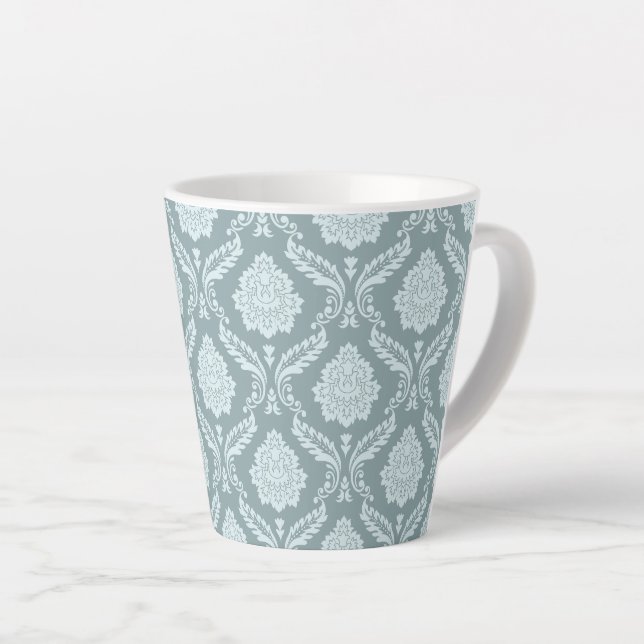 Rococo Damask Pattern Duck Egg Blue+Teal Latte Mug (Right Angle)