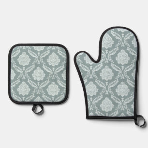Rococo Damask Pattern Duck Egg Blue+Teal Oven Mitt & Pot Holder Set