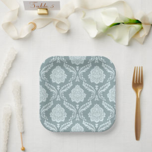 Rococo Damask Pattern Duck Egg Blue+Teal Paper Pla Plate