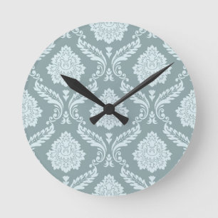 Rococo Damask Pattern Duck Egg Blue+Teal Round Clock