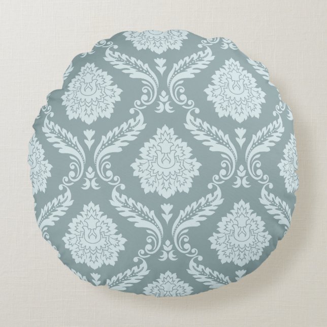 Rococo Damask Pattern Duck Egg Blue+Teal Round Cushion (Front)