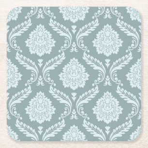 Rococo Damask Pattern Duck Egg Blue+Teal Square Paper Coaster