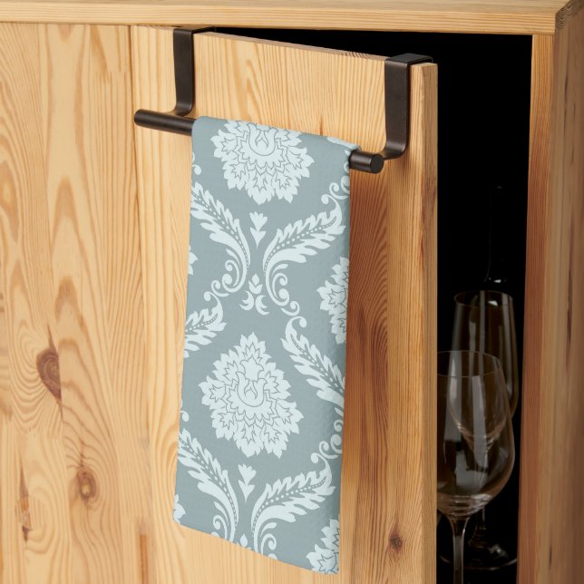 Rococo Damask Pattern Duck Egg Blue+Teal Tea Towel (Thirds Fold)