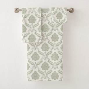 Rococo Damask Pattern Green on Cream Bath Towel Set