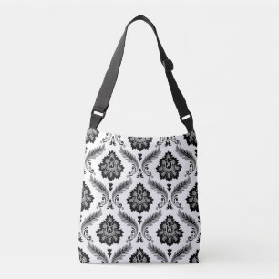 Rococo Damask Pattern Grey Black White Crossbody Bag