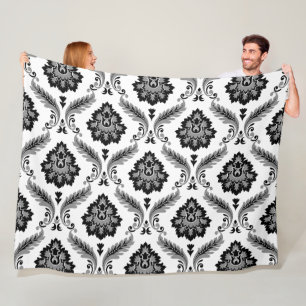 Rococo Damask Pattern Grey Black White Fleece Blanket