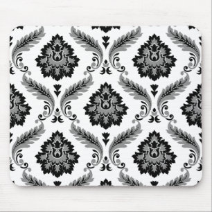 Rococo Damask Pattern Grey Black White Mouse Mat