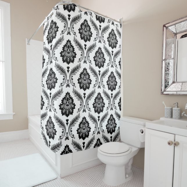 Rococo Damask Pattern Grey Black White Shower Curtain (In Situ)