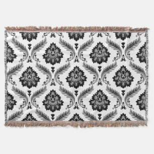 Rococo Damask Pattern Grey Black White Throw Blanket