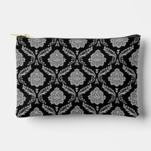 Rococo Damask Pattern Grey on Black Accessory Pouch