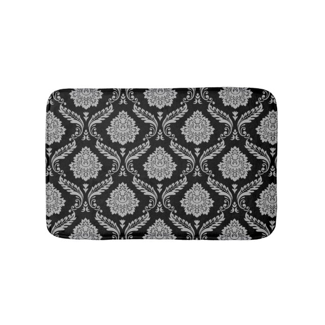 Rococo Damask Pattern Grey on Black Bath Mat (Front)
