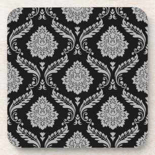 Rococo Damask Pattern Grey on Black Coaster