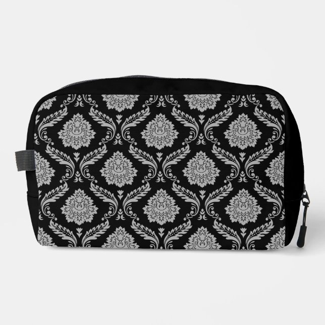 Rococo Damask Pattern Grey on Black Dopp Kit (Front)