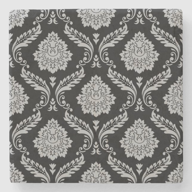 Rococo Damask Pattern Grey on Black Stone Coaster (Front)