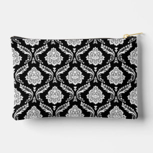 Rococo Damask Pattern White on Black Accessory Pouch