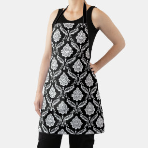 Rococo Damask Pattern White on Black Apron