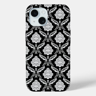 Rococo Damask Pattern White on Black  iPhone 15 Case
