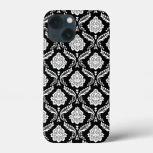 Rococo Damask Pattern White on Black  iPhone 13 Mini Case