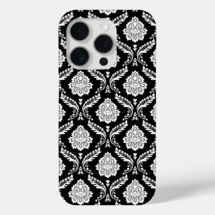 Rococo Damask Pattern White on Black  iPhone 15 Pro Case
