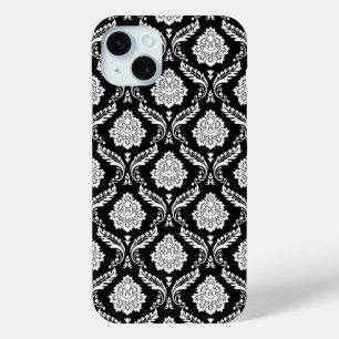 Rococo Damask Pattern White on Black  iPhone 15 Mini Case