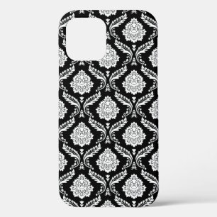 Rococo Damask Pattern White on Black iPhone 12 Pro Case