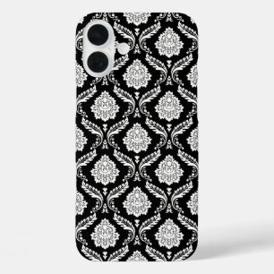 Rococo Damask Pattern White on Black  iPhone 16 Plus Case