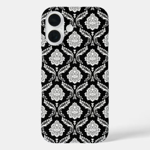 Rococo Damask Pattern White on Black  iPhone 16 Case
