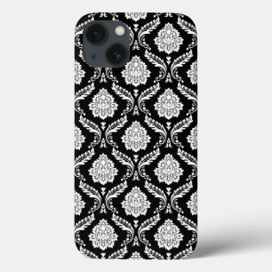 Rococo Damask Pattern White on Black  iPhone 13 Case