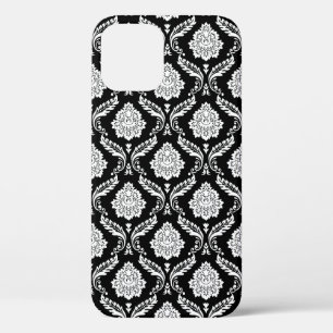 Rococo Damask Pattern White on Black  iPhone 12 Pro Case