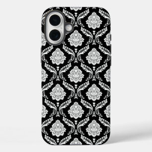 Rococo Damask Pattern White on Black  iPhone 16 Plus Case