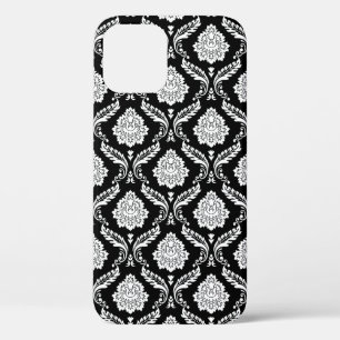Rococo Damask Pattern White on Black  iPhone 12 Case