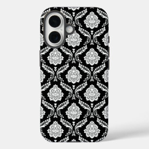Rococo Damask Pattern White on Black  iPhone 16 Case