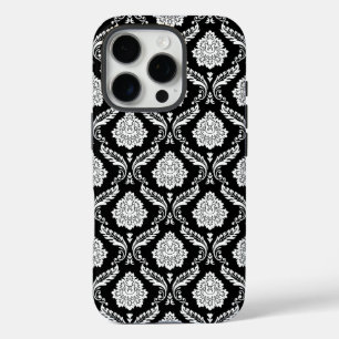 Rococo Damask Pattern White on Black  iPhone 16 Pro Case