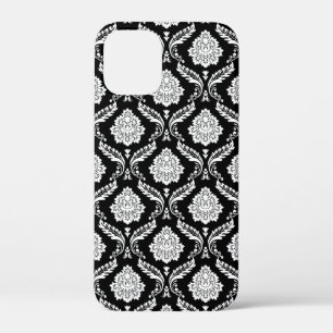 Rococo Damask Pattern White on Black  iPhone 12 Mini Case